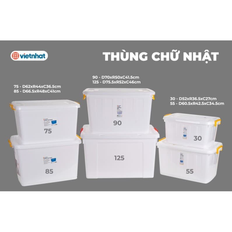 (Có VAT) THÙNG NHỰA CÓ BÁNH XE 20L-30L-55L-65L-75L-85L-90L-100L-125L CHỮ NHẬT VIỆT NHẬT