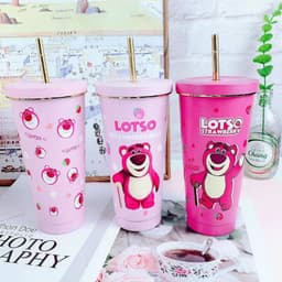 Ly  cốc giữ nhiệt hình gấu Lotso dung tích 750ml , 500ml ,tặng kèm ống hút+cọ rửa  ống hút+túi  đựng ly trong suốt 1