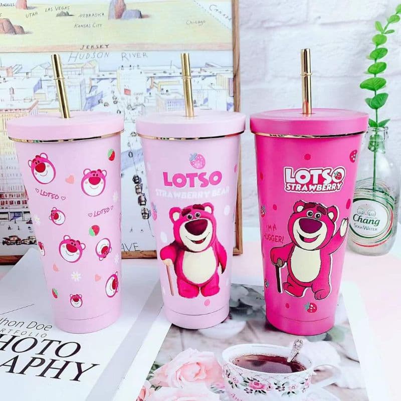Ly  cốc giữ nhiệt hình gấu Lotso dung tích 750ml , 500ml ,tặng kèm ống hút+cọ rửa  ống hút+túi  đựng ly trong suốt