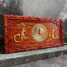 Tranh đồng hồ gỗ hương đỏ khung đục kích thước 41*81cm 5
