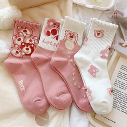 Tất Vớ Nữ Cao Cổ Họa Tiết Gấu Dâu Tây Màu Hồng Dễ Thương  3