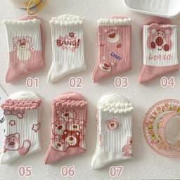 Tất Vớ Nữ Cao Cổ Họa Tiết Gấu Dâu Tây Màu Hồng Dễ Thương  9