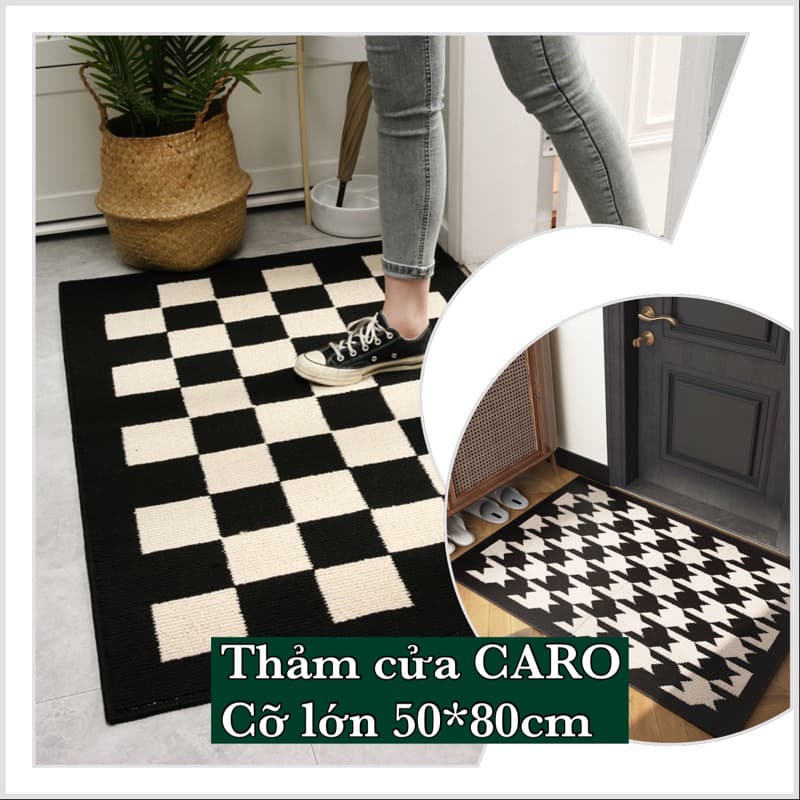 Thảm chùi chân cao cấp SỢI LEN CARO ĐEN KEM 50*80cm mật độ dệt cao, chắc chắn phong cách Châu Âu