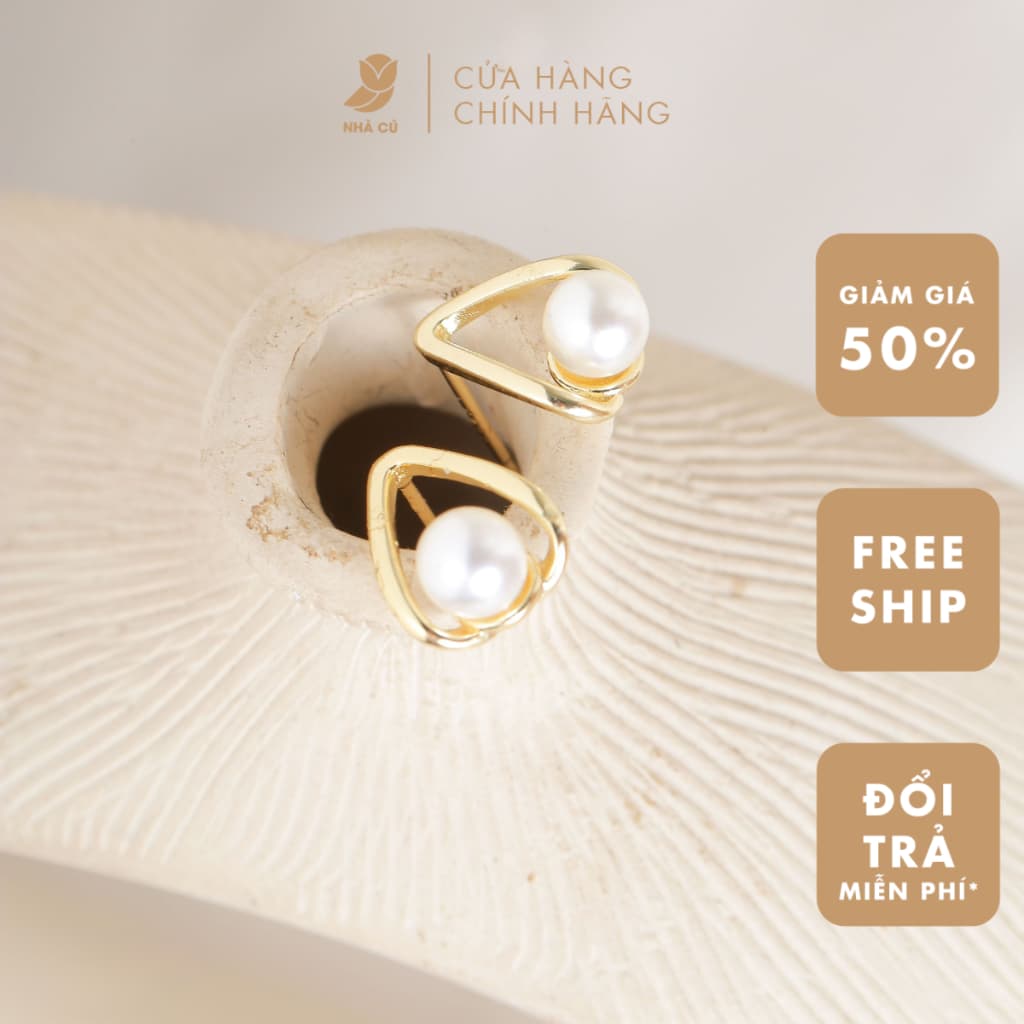 Bông Tai Nữ Cây Xỏ Bạc 925 NHÀ CÚ Hình Tam Giác Đính Hạt Ngọc Màu Vàng 18237
