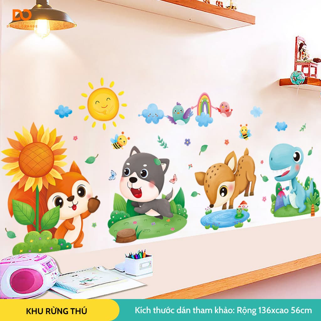 Decal dán tường cho bé Khu rừng thú decor phòng ngủ, tủ quần áo cho bé