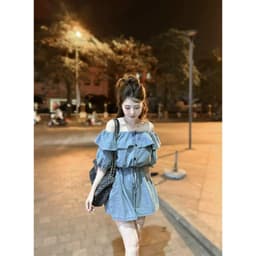 Jumpsuit jean trễ vai, jump bò có dây rút siêu xinh 2