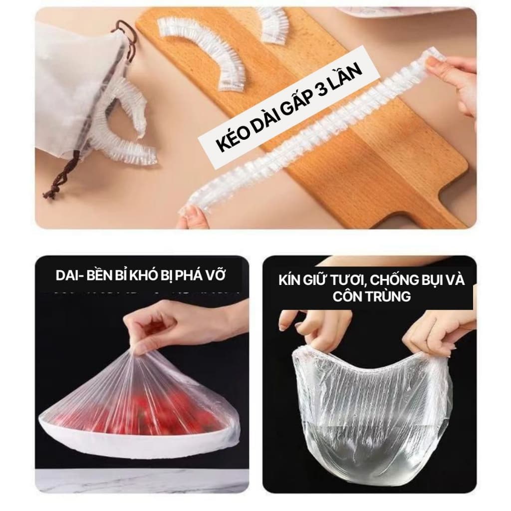 Màng bọc thực phẩm co giãn SET 100PCS túi , Màng PE an toàn cho thực phẩm có dây thun co dãn, Tái sử dụng nhiều lần