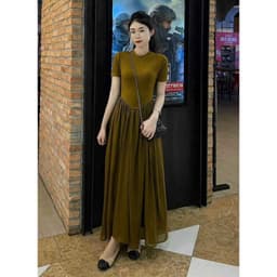 Váy nâu rêu dáng dài phối voan, váy tiểu thư nữ tính 4