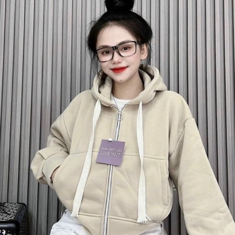 Áo Khoác Nỉ Trơn Dáng CROPTOP Dây To Khóa Kéo Mũ 2 Lớp