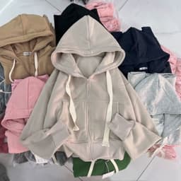 Áo Khoác Nỉ Trơn Dáng CROPTOP Dây To Khóa Kéo Mũ 2 Lớp 4