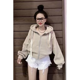 Áo Khoác Nỉ Trơn Dáng CROPTOP Dây To Khóa Kéo Mũ 2 Lớp 8