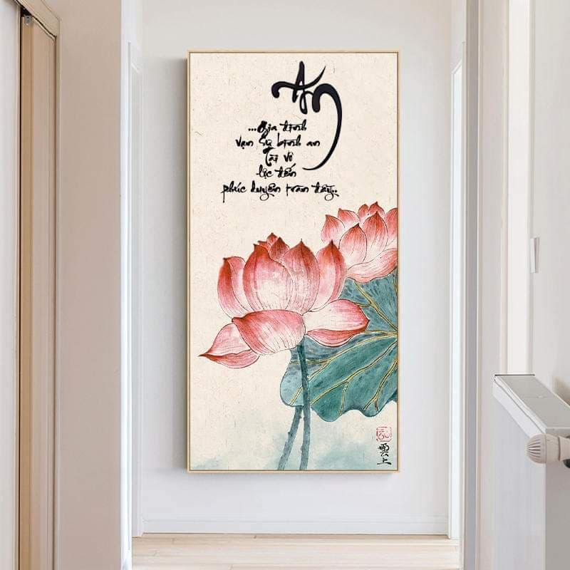 Tranh canvas treo tường hoa sen thư pháp chữ An khổ dọc- 50 x 100 cm