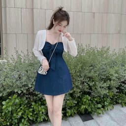 Set đầm cúp ngực nơ trước denim và áo khoác ren ngắn trắng sang chảnh,váy bò cột nơ xinh xắn, set váy đẹp tiểu thư 9