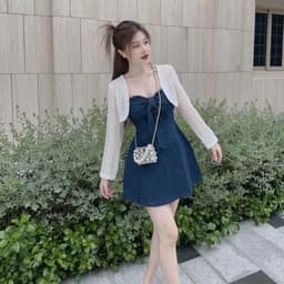 Set đầm cúp ngực nơ trước denim và áo khoác ren ngắn trắng sang chảnh,váy bò cột nơ xinh xắn, set váy đẹp tiểu thư 8