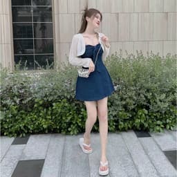 Set đầm cúp ngực nơ trước denim và áo khoác ren ngắn trắng sang chảnh,váy bò cột nơ xinh xắn, set váy đẹp tiểu thư 7