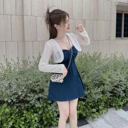 Set đầm cúp ngực nơ trước denim và áo khoác ren ngắn trắng sang chảnh,váy bò cột nơ xinh xắn, set váy đẹp tiểu thư 6