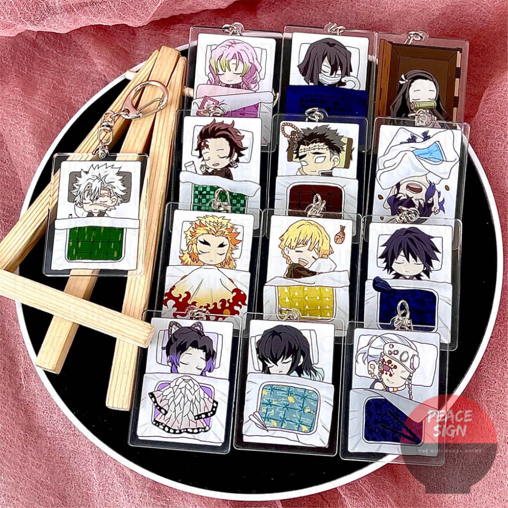 (mua 1 tặng 1) (Mua  tặng 1) Móc khóa KIMETSU NO YAIBA ver ĐẮP CHĂN keyring mica acrylic in hình anime chibi dễ thương
