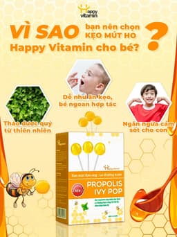 Kẹo mút ho keo ong lá thường xuân Happy Vitamin hỗ trợ ngăn ngừa ho, viêm họng, khản tiếng-  Hộp 12 Que 9