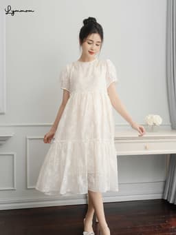 Váy đầm bầu chất liệu tơ thêu Hàn thoáng mát thiết kế dáng xòe tay chuông vai ngọc LYMMOM VB012 3