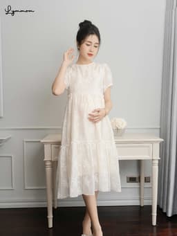 Váy đầm bầu chất liệu tơ thêu Hàn thoáng mát thiết kế dáng xòe tay chuông vai ngọc LYMMOM VB012 5