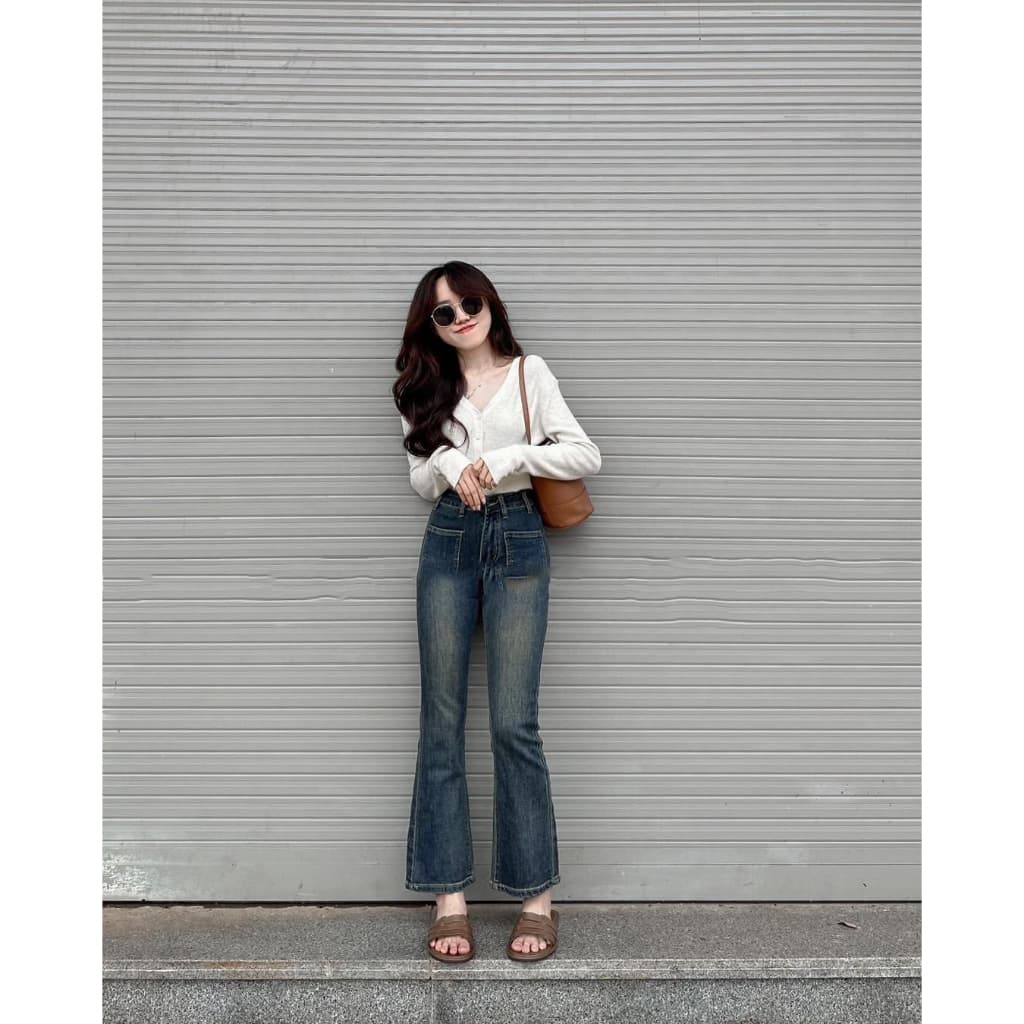 Quần jeans loe lưng cao ống dài hàng loại 1 màu siêu hot 2023