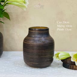 Lọ hoa decor gốm sứ Bát Tràng vân ganh men atlantic và nâu mộc dáng bóng đèn 3