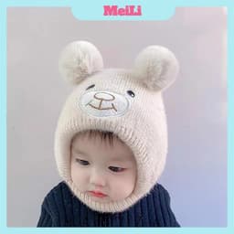 Mũ len Phủ Tai Mặt Gấu cho bé - Mũ len Dệt Kim KÍN CỔ Mềm Mại Dễ Thương (tuyển sỉ) 1