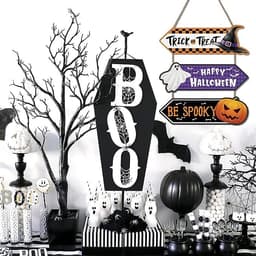 Bảng Happy Halloween, Trick or Treat, Be Spooky treo cửa gồm 3 tấm bằng gỗ có dây treo trang trí lễ hội 5