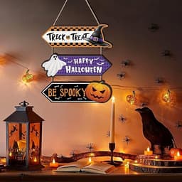 Bảng Happy Halloween, Trick or Treat, Be Spooky treo cửa gồm 3 tấm bằng gỗ có dây treo trang trí lễ hội 8