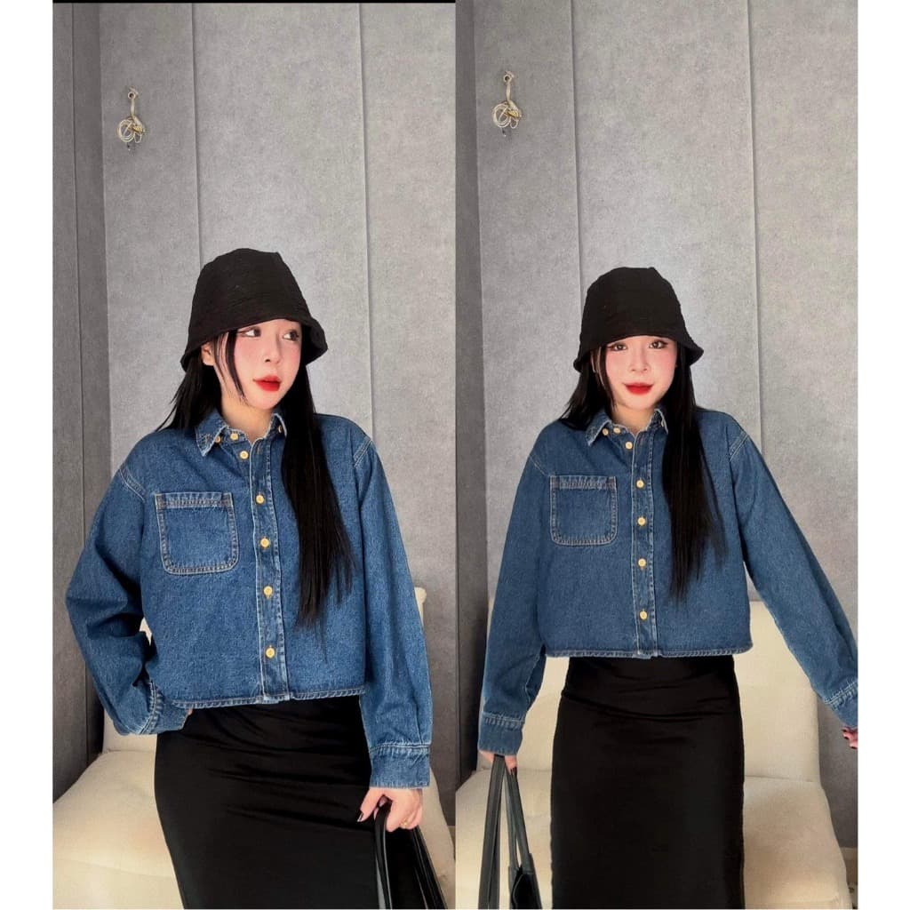 Áo sơ mi jean form croptop tay dài siêu thời trang chất bò dày dặn phong cách ulzzang hàn quốc