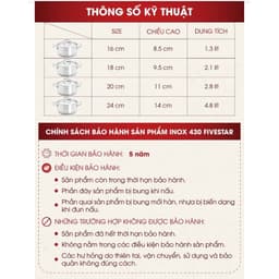Nồi 3 đáy Fivestar 16/18/20/22/24 CM inox 430 Vung inox Dùng được các loại bếp 7
