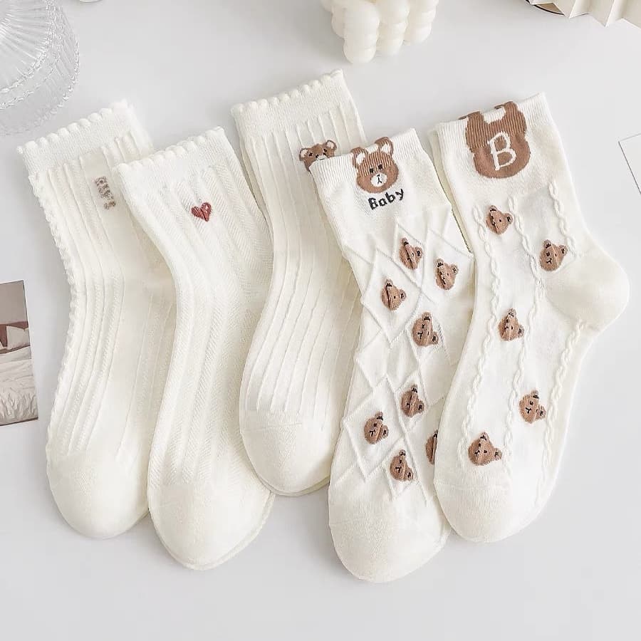 Set 5 Đôi Tất Nữ Cổ Cao Gấu Trắng Chữ B Dễ Thương Hàn Quốc TT25