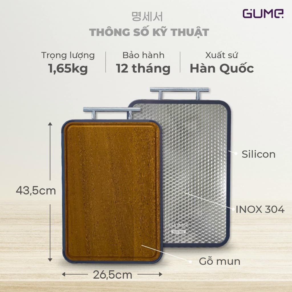 Thớt 2 mặt Gume inox 304 và gỗ mun cao cấp Thớt hai mặt 43,5 x 26 x 2cm Thớt inox