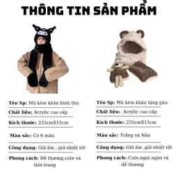 Mũ len lông cừu trùm đầu PITI phong cách hàn quốc nón len nữ kèm khăn quàng cổ và găng tay giữ ấm mùa đông dễ thương 4