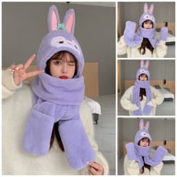 Mũ len lông cừu trùm đầu PITI phong cách hàn quốc nón len nữ kèm khăn quàng cổ và găng tay giữ ấm mùa đông dễ thương 5