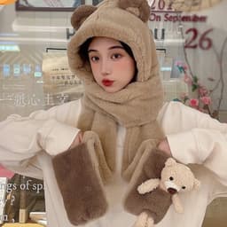 Mũ len lông cừu trùm đầu PITI phong cách hàn quốc nón len nữ kèm khăn quàng cổ và găng tay giữ ấm mùa đông dễ thương 6