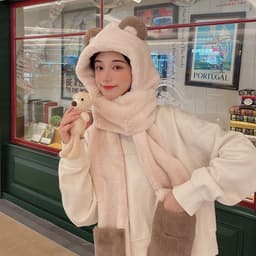 Mũ len lông cừu trùm đầu PITI phong cách hàn quốc nón len nữ kèm khăn quàng cổ và găng tay giữ ấm mùa đông dễ thương 2