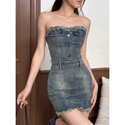 Váy jean cúp ngực tua rua dáng ngắn, váy bò body hot hit 6