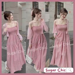 Set đầm 2 dây caro hồng khoác ngoài màu pastel dành cho nàng bánh bèo, tiểu thư, set đầm váy maxi 2 dây đi biển đẹp 1