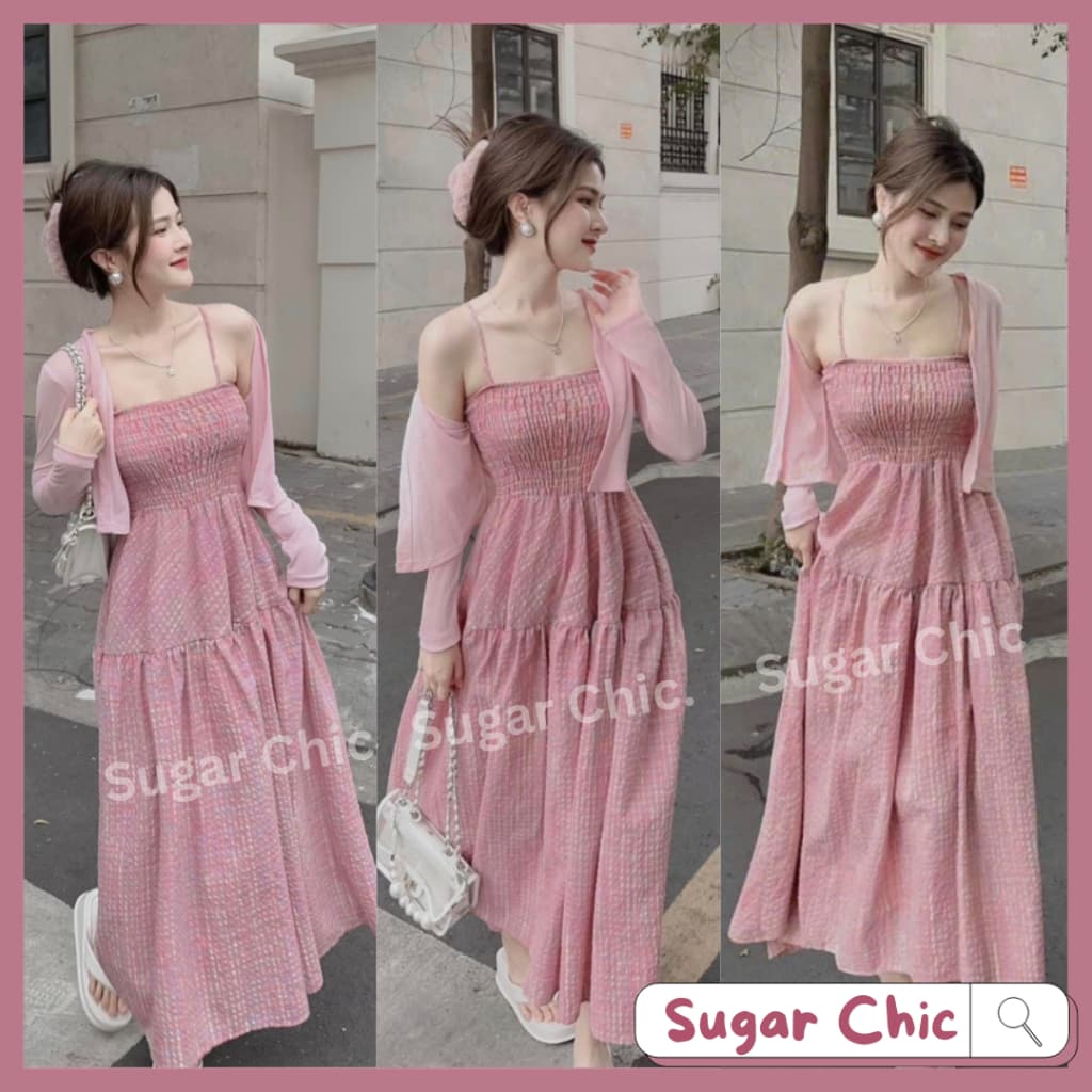 Set đầm 2 dây caro hồng khoác ngoài màu pastel dành cho nàng bánh bèo, tiểu thư, set đầm váy maxi 2 dây đi biển đẹp