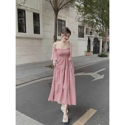 Set đầm 2 dây caro hồng khoác ngoài màu pastel dành cho nàng bánh bèo, tiểu thư, set đầm váy maxi 2 dây đi biển đẹp 3
