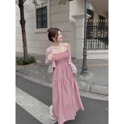 Set đầm 2 dây caro hồng khoác ngoài màu pastel dành cho nàng bánh bèo, tiểu thư, set đầm váy maxi 2 dây đi biển đẹp 6
