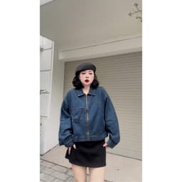 Áo khoác jean nữ xanh đậm dáng ngắn phong cách retro, áo khoác bò form siêu đỉnh 2023 4