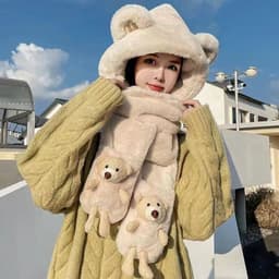 Mũ Len Tai Thỏ Cute 3in1, Kèm Khăn & Găng Tay, Mũ Len Nữ Mùa Đông, Khăn Mũ Len Giữ Ấm, Quà Tặng Dễ Thương 2