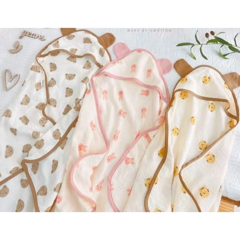 [bong]Ủ Choàng Bé Sơ Sinh Vải Xô Muslin 4 Lớp Có Mũ Trùm Đầu, Làm Khăn Quấn Cho Bé, Vải Mềm Mịn, Thoáng Mát, size 70x70cm
