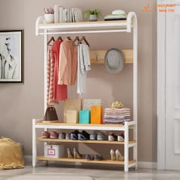 Giá treo quần áo móc câu, kết hợp kệ khung sắt mặt gỗ 4 tầng đa năng thiết kế thông minh, tiết kiệm không gian VNH-526 9