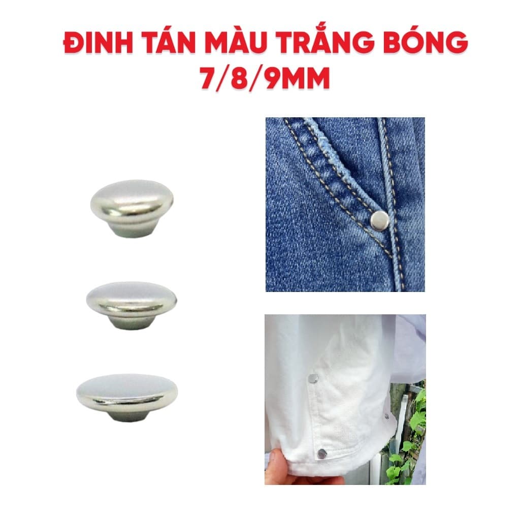 Nút đinh tán Size 7-8-9mm Mặt trơn Màu bạc Hàng không gỉ sét Nút trang trí quần áo, túi xách, gia cố túi quần jean.