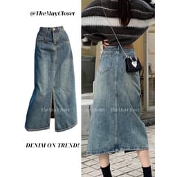 𝑨𝒏𝒏 𝑺𝒕𝒖𝒅𝒊𝒐 [SẴN]  Chân Váy Bò Dài Xẻ Trước Lưng Cao Y2K Cao Cấp, Chất Jean Dày Đẹp Dáng Suông Màu Xanh Retro 3