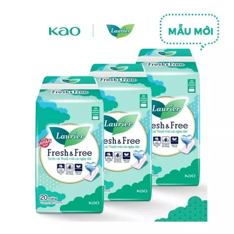 Combo 3 túi = 60 miếng Băng Vệ Sinh Laurier Fresh & Free Siêu Mỏng Cánh - 20 Miếng