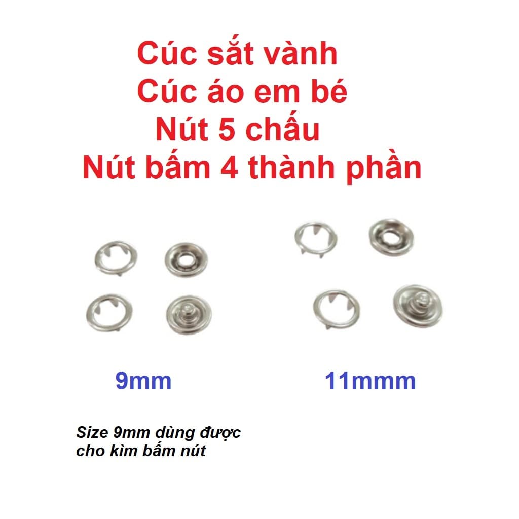 Cúc sắt vành Cúc áo em bé Nút 5 chấu Nút bấm 4 thành phần Hợp kim không gỉ Màu bạc Size 9mm/11mm